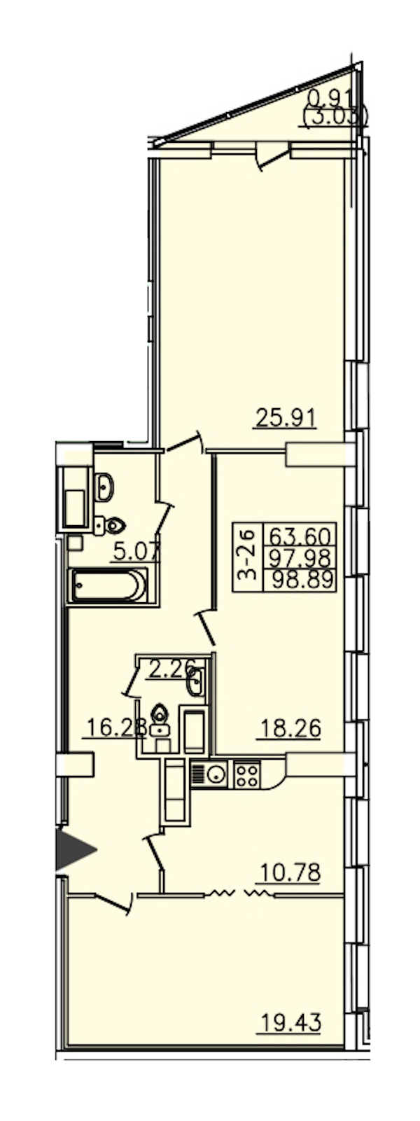 3-комнатная квартира 94.9 м², 16/25 эт., ЖК «Шекспир»