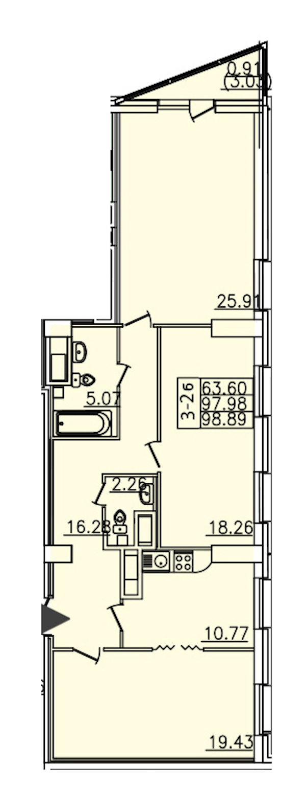 3-комнатная квартира 94.6 м², 21/25 эт., ЖК «Шекспир»