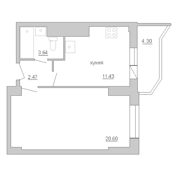 1-комнатная квартира 39.67 м², 9/25 эт., ЖК «Шекспир»