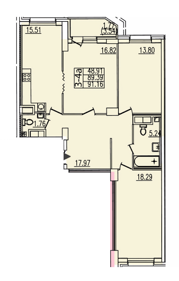3-комнатная квартира 91.3 м², 4/25 эт., ЖК «Шекспир»
