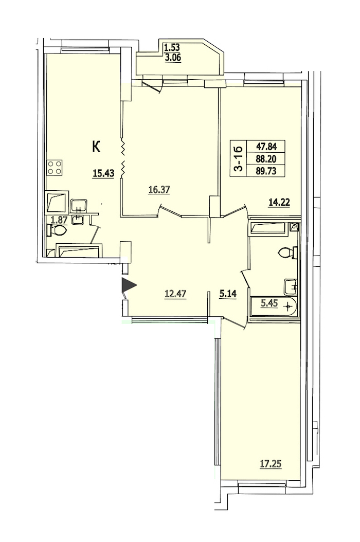 3-комнатная квартира 89.73 м², 4/25 эт., ЖК «Байрон»
