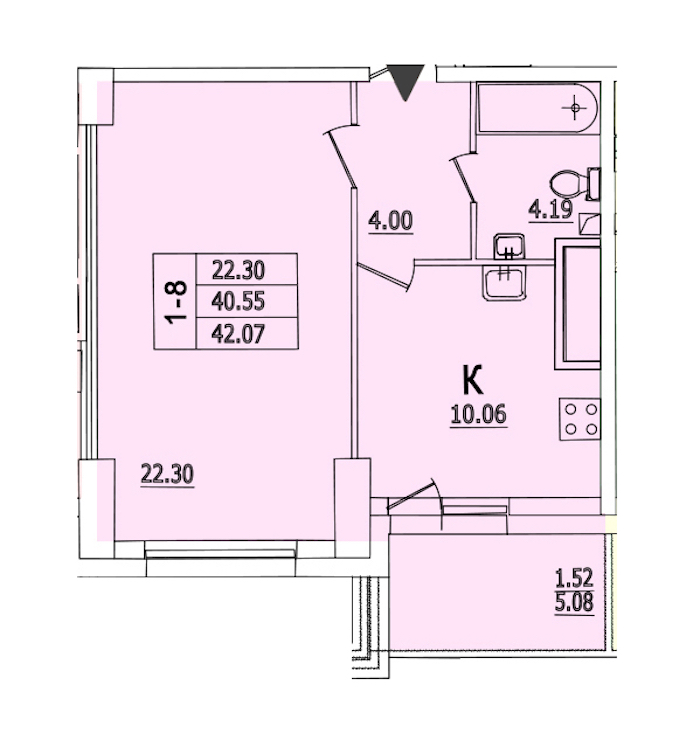 1-комнатная квартира 42.07 м², 3/25 эт., ЖК «Байрон»