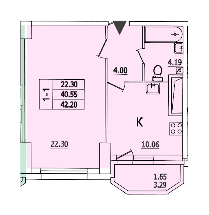 1-комнатная квартира 42.2 м², 4/25 эт., ЖК «Байрон»
