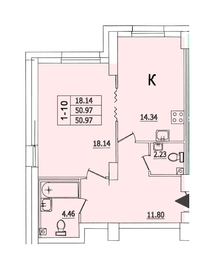 1-комнатная квартира 50.97 м², 2/25 эт., ЖК «Байрон»