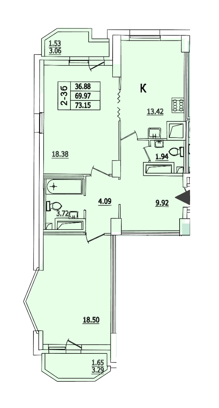 2-комнатная квартира 73.15 м², 4/25 эт., ЖК «Байрон»