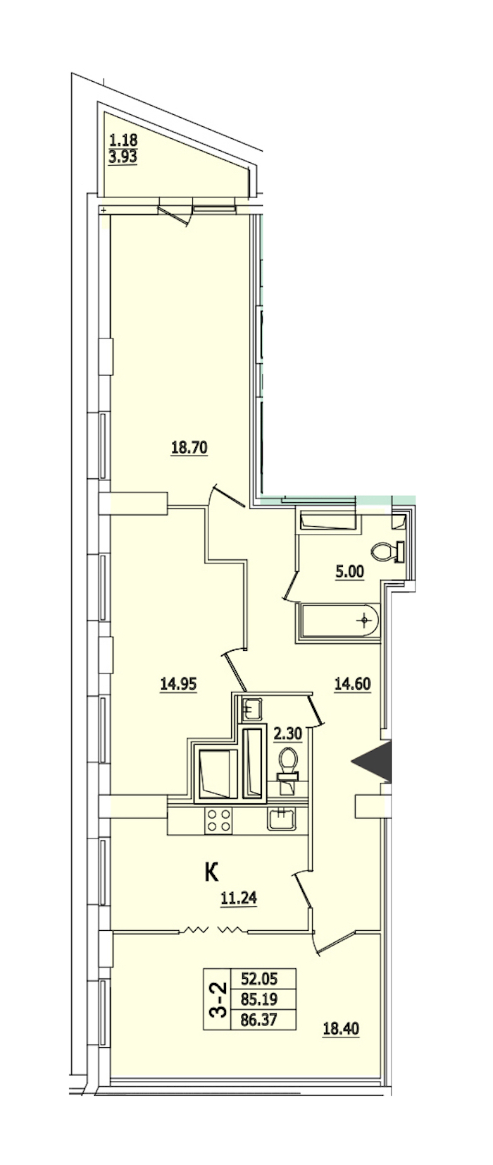 3-комнатная квартира 86.37 м², 25/25 эт., ЖК «Байрон»