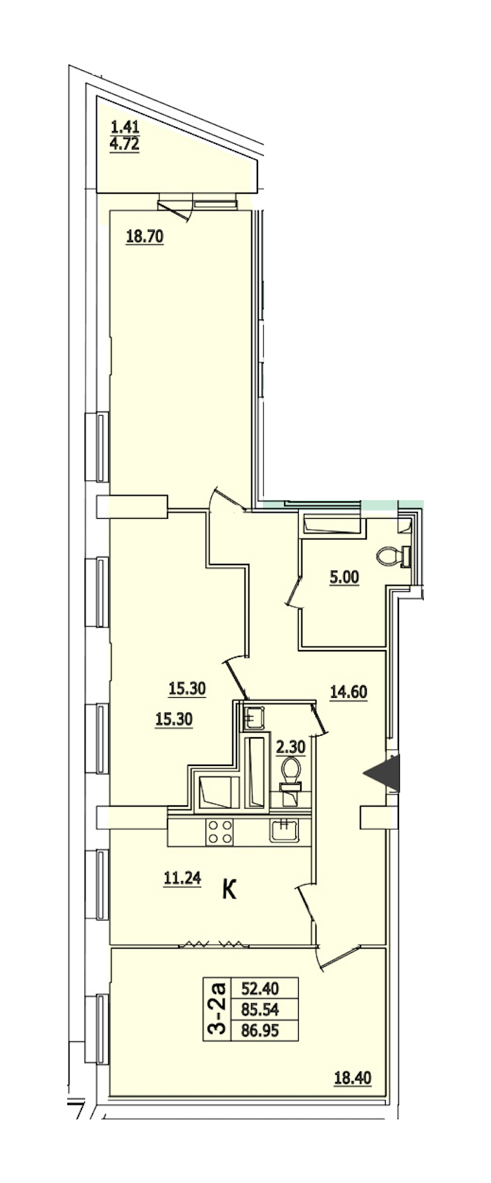 3-комнатная квартира 86.95 м², 4/25 эт., ЖК «Байрон»