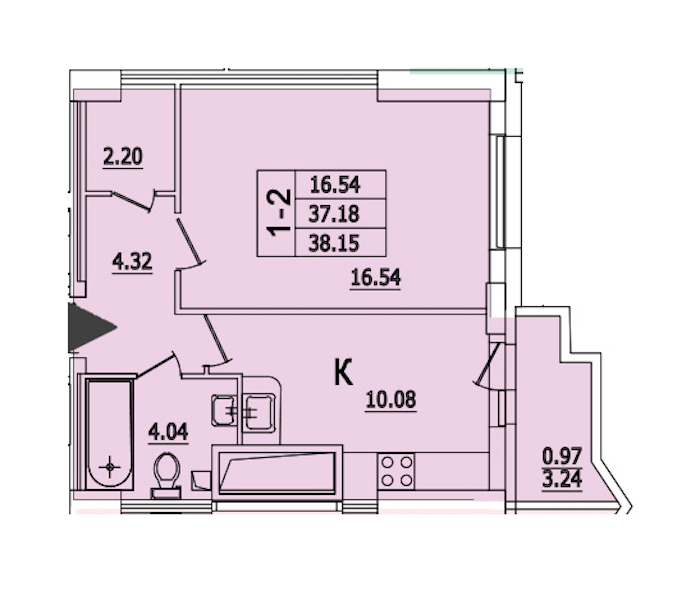 1-комнатная квартира 38.15 м², 25/25 эт., ЖК «Байрон»