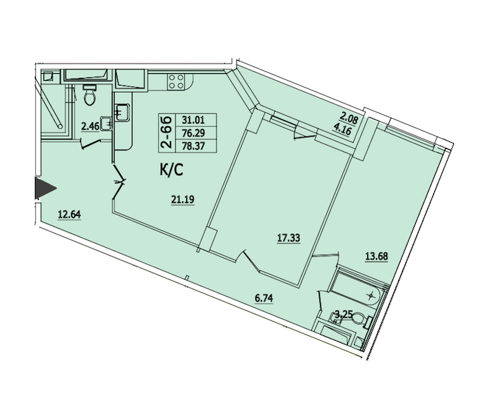 2-комнатная квартира 78.37 м², 25/25 эт., ЖК «Байрон»