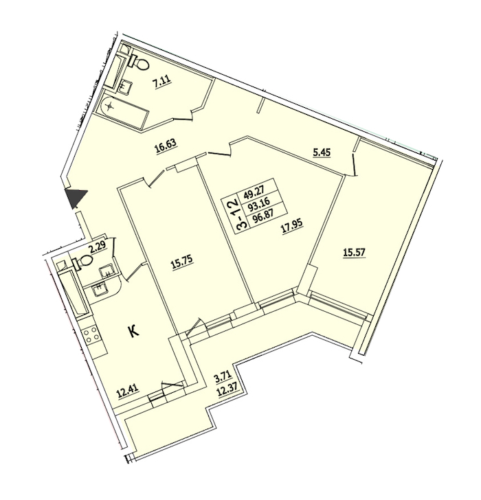 3-комнатная квартира 96.87 м², 3/25 эт., ЖК «Байрон»