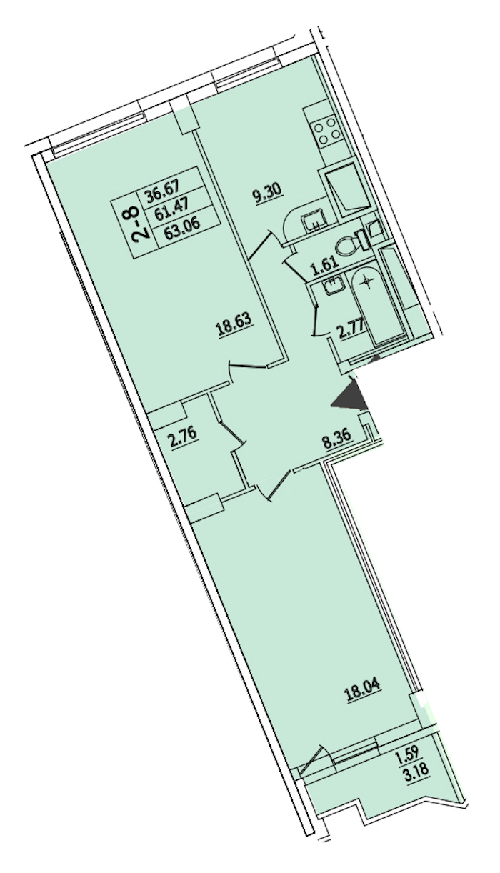 2-комнатная квартира 63.06 м², 25/25 эт., ЖК «Байрон»