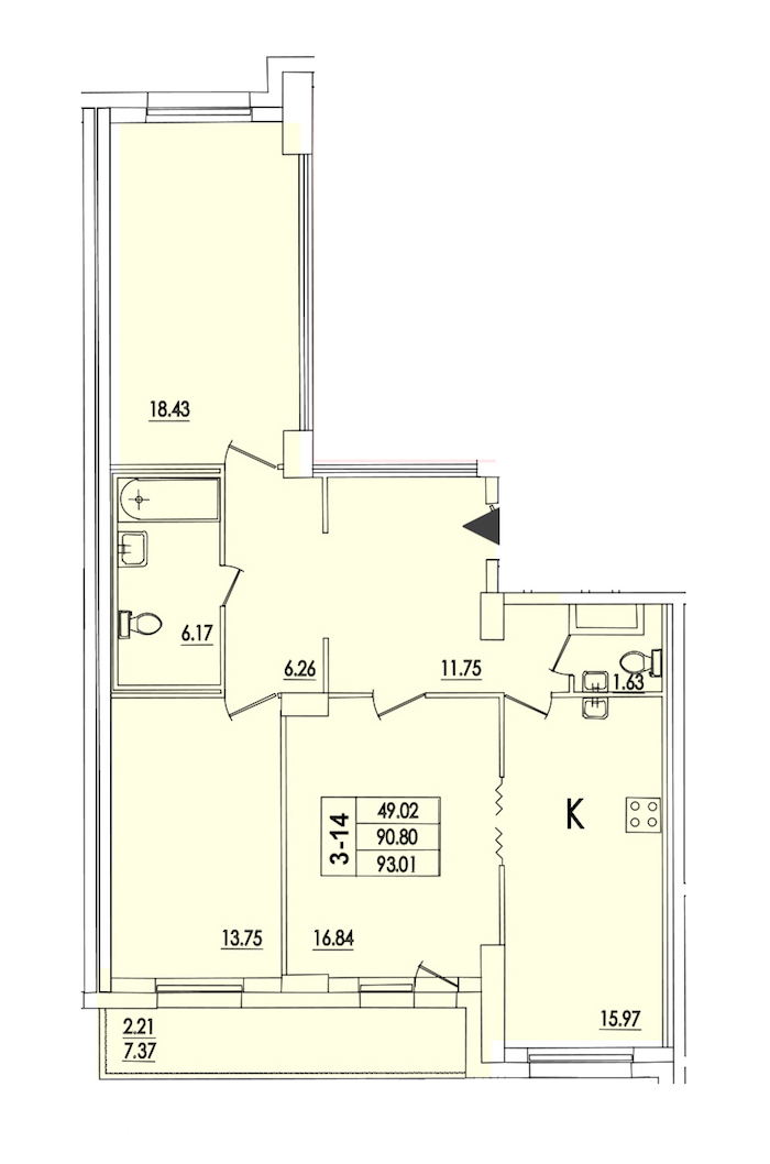3-комнатная квартира 91.8 м², 3/25 эт., ЖК «Байрон»