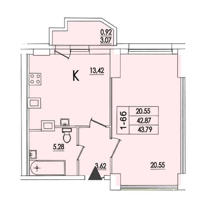 1-комнатная квартира 46.1 м², 3/25 эт., ЖК «Байрон»