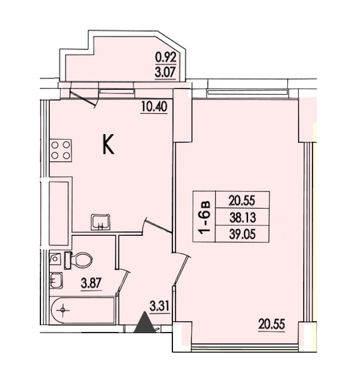 1-комнатная квартира 39.05 м², 4/25 эт., ЖК «Байрон»