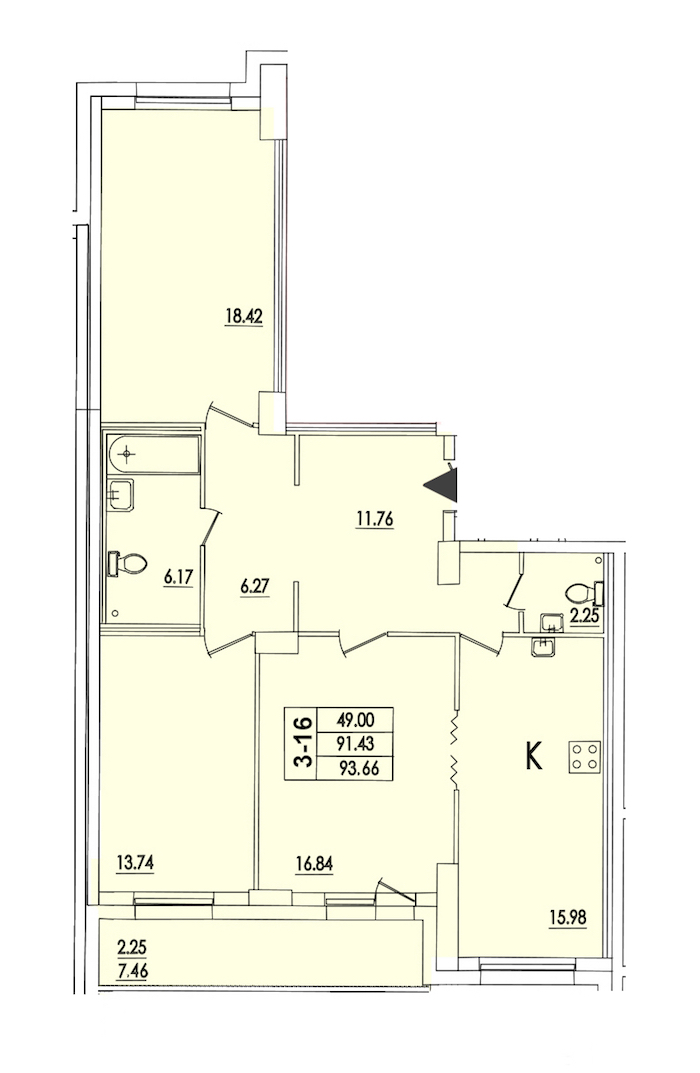 3-комнатная квартира 91.5 м², 3/22 эт., ЖК «Байрон»