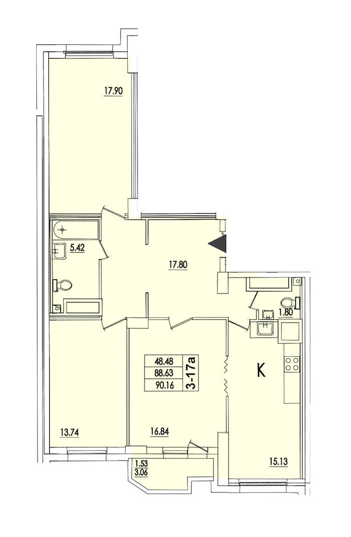 3-комнатная квартира 90.16 м², 4/22 эт., ЖК «Байрон»