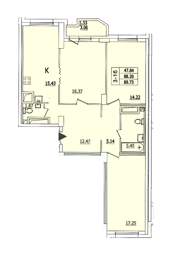 3-комнатная квартира 90.9 м², 8/25 эт., ЖК «Байрон»