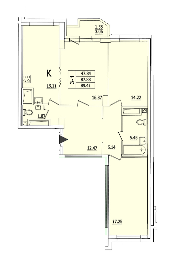 3-комнатная квартира 89.41 м², 20/25 эт., ЖК «Байрон»