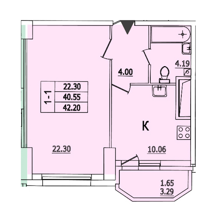 1-комнатная квартира 43.4 м², 8/25 эт., ЖК «Байрон»