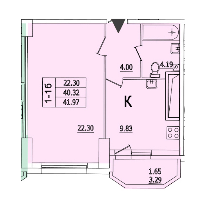 1-комнатная квартира 41.97 м², 10/25 эт., ЖК «Байрон»