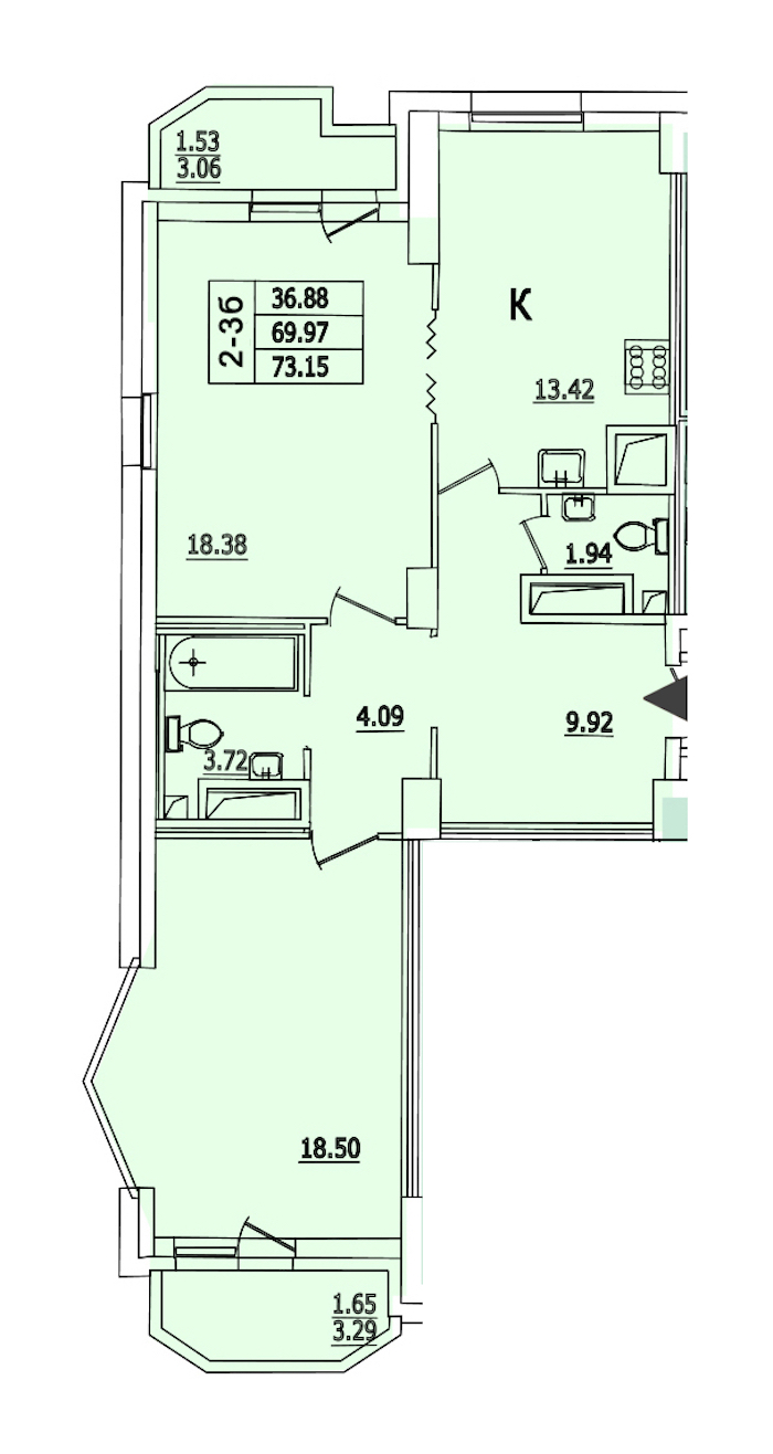 2-комнатная квартира 73.15 м², 7/25 эт., ЖК «Байрон»
