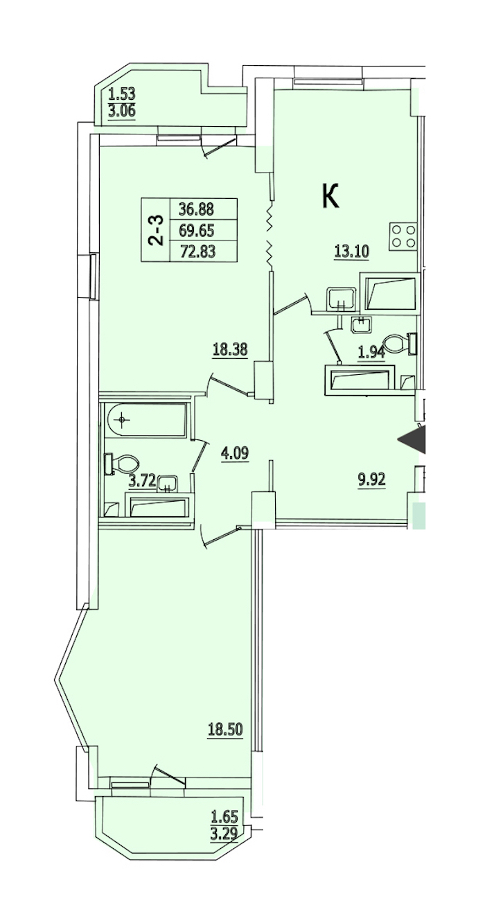 2-комнатная квартира 72.83 м², 16/25 эт., ЖК «Байрон»