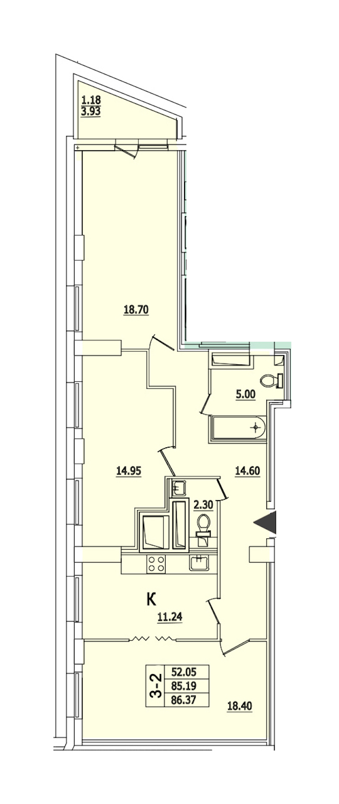 3-комнатная квартира 86.37 м², 9/25 эт., ЖК «Байрон»