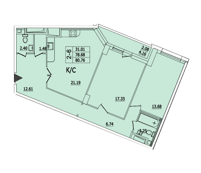 2-комнатная квартира 80.76 м², 10/25 эт., ЖК «Байрон»
