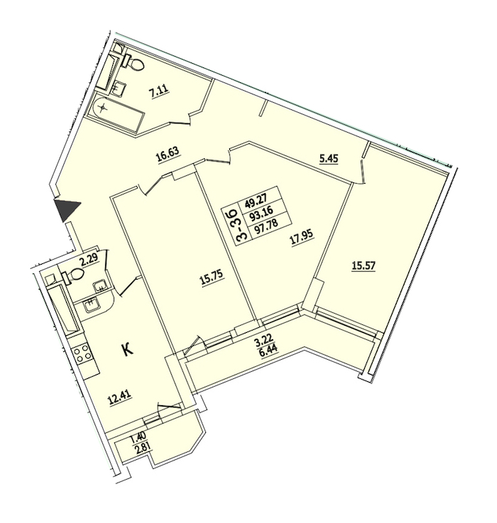 3-комнатная квартира 101.4 м², 8/25 эт., ЖК «Байрон»