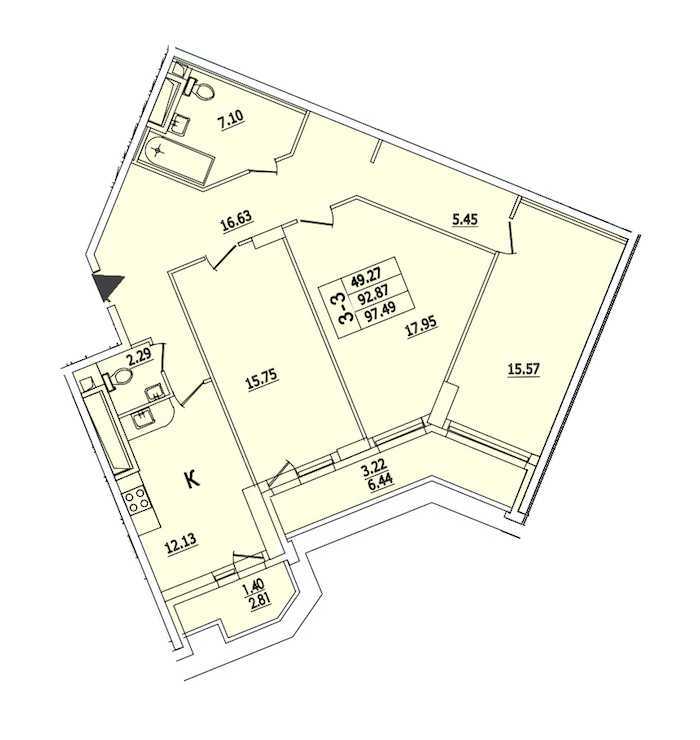 3-комнатная квартира 97.49 м², 11/25 эт., ЖК «Байрон»