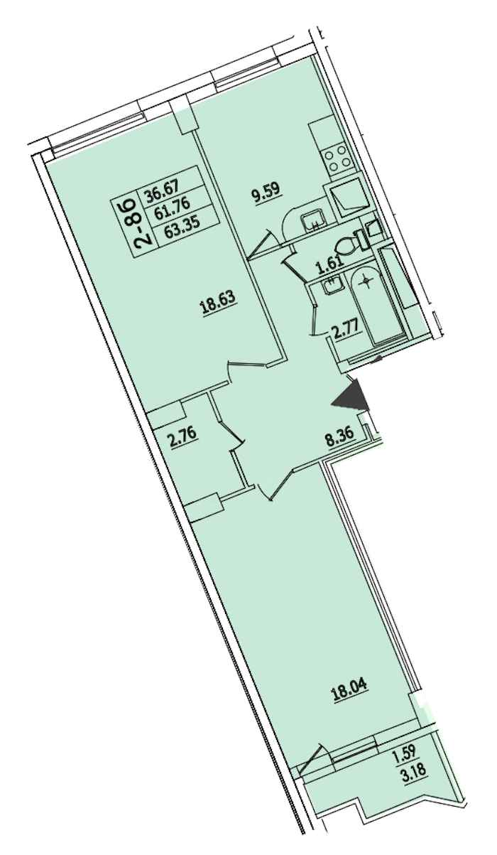 2-комнатная квартира 63.35 м², 7/25 эт., ЖК «Байрон»