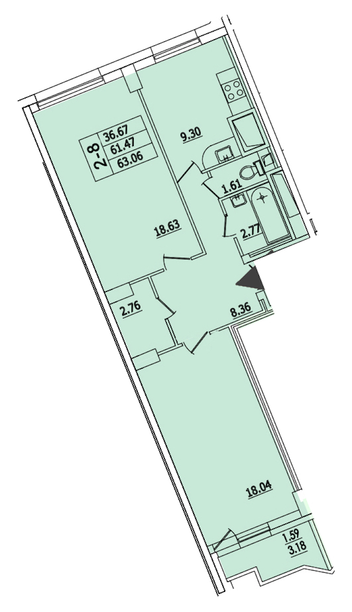2-комнатная квартира 63.06 м², 19/25 эт., ЖК «Байрон»
