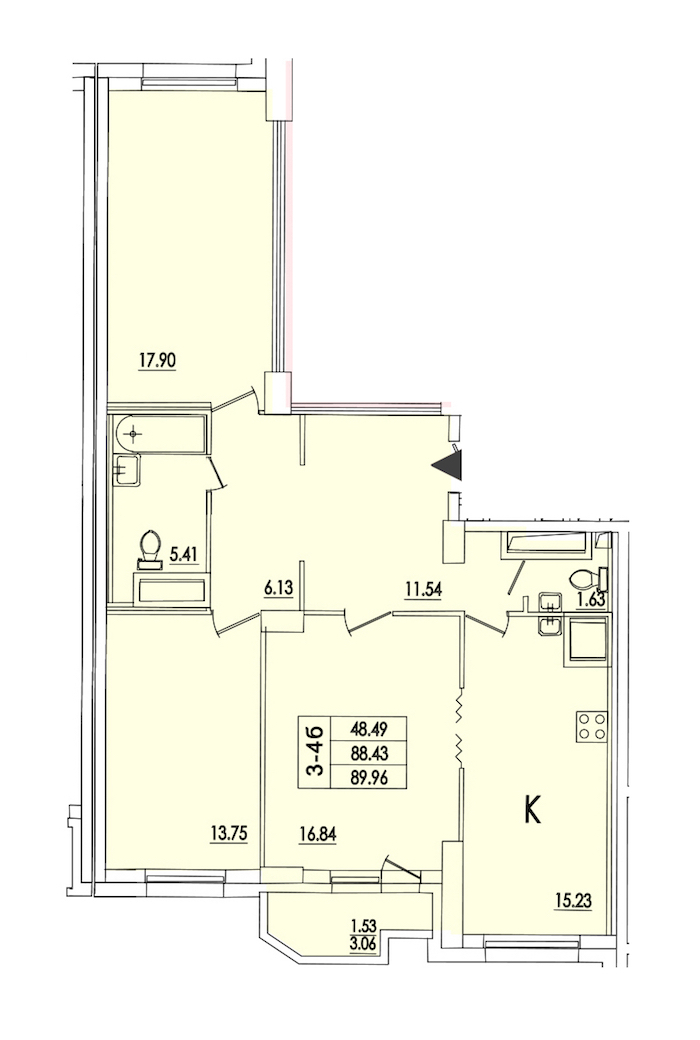 3-комнатная квартира 91.7 м², 8/25 эт., ЖК «Байрон»