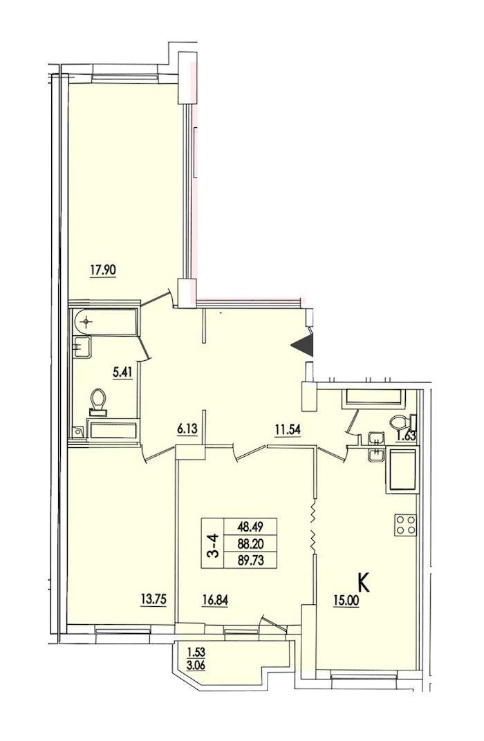 3-комнатная квартира 89.73 м², 10/25 эт., ЖК «Байрон»