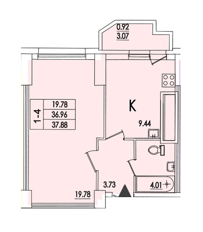 1-комнатная квартира 37.88 м², 13/25 эт., ЖК «Байрон»