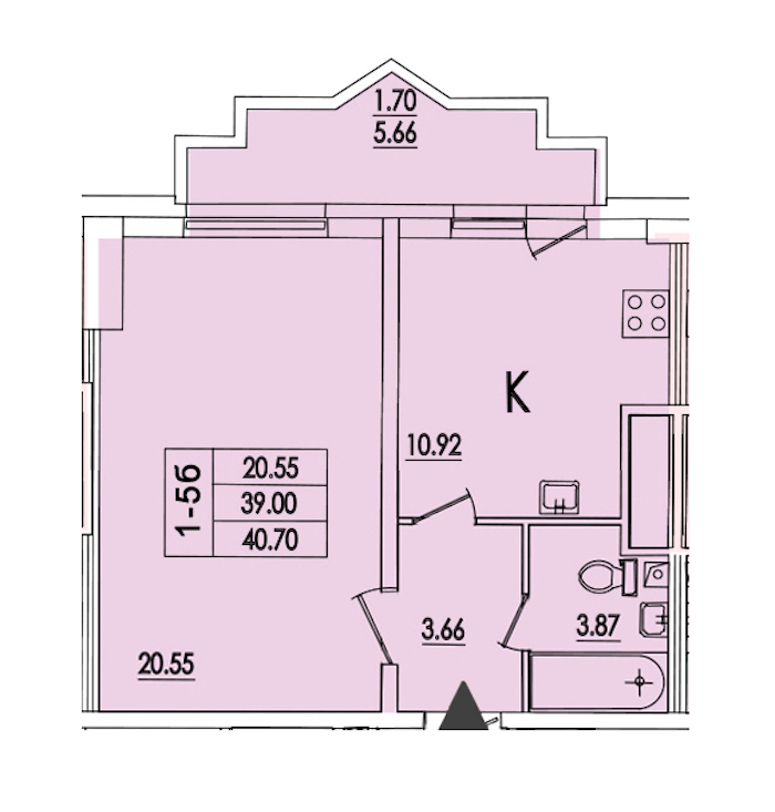 1-комнатная квартира 46.4 м², 5/25 эт., ЖК «Байрон»