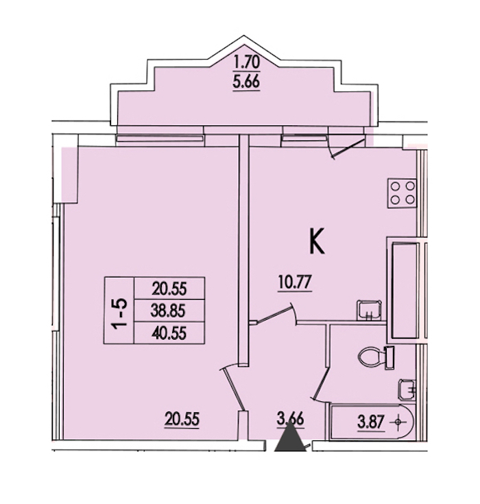 1-комнатная квартира 40.55 м², 11/25 эт., ЖК «Байрон»