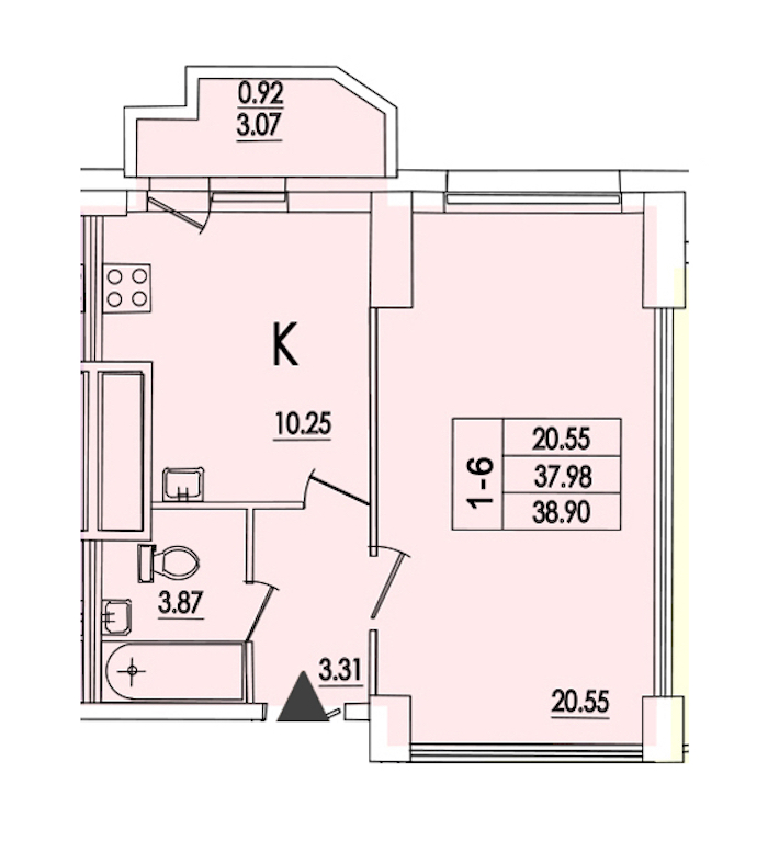 1-комнатная квартира 38.9 м², 19/25 эт., ЖК «Байрон»
