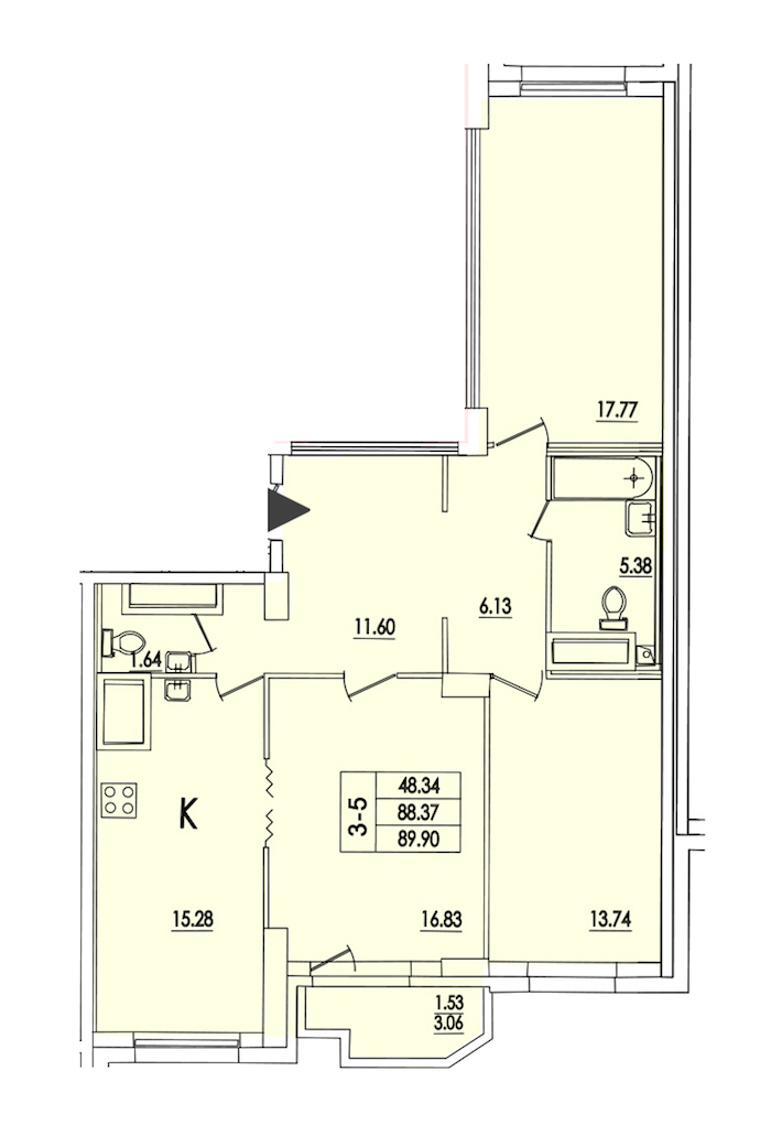 3-комнатная квартира 89.9 м², 9/25 эт., ЖК «Байрон»