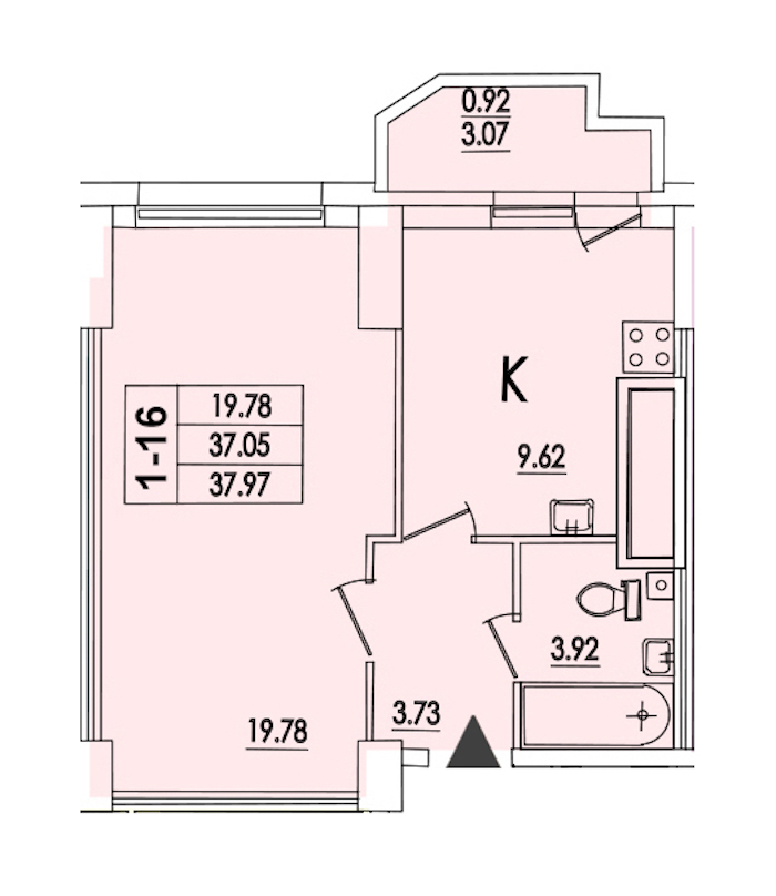 1-комнатная квартира 37.97 м², 18/22 эт., ЖК «Байрон»