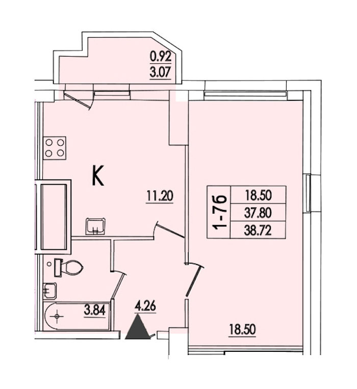 1-комнатная квартира 38.72 м², 5/22 эт., ЖК «Байрон»