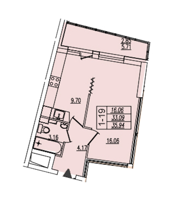 1-комнатная квартира 39.1 м², 2/22 эт., ЖК «Байрон»