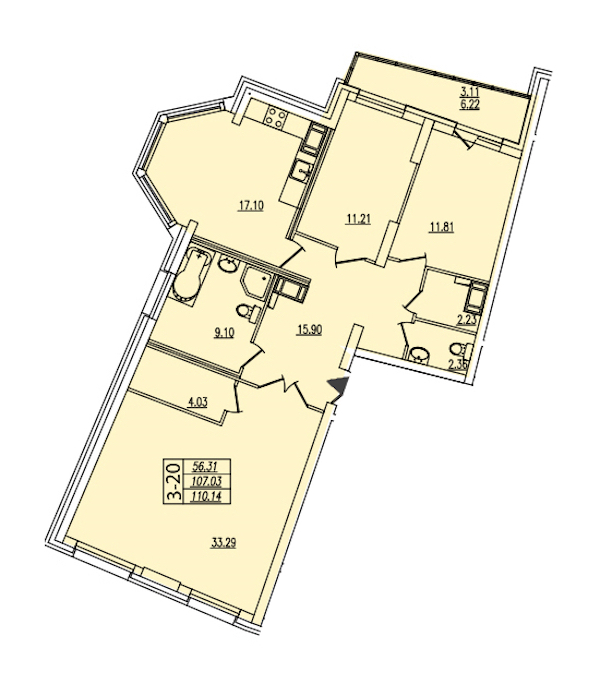 3-комнатная квартира 110.14 м², 3/22 эт., ЖК «Байрон»
