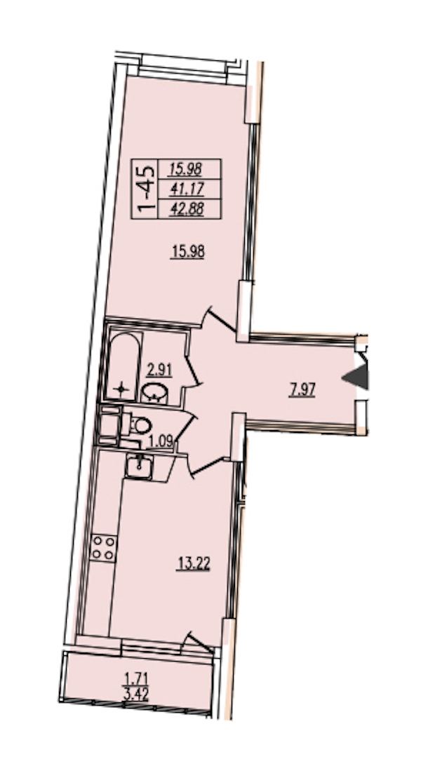 1-комнатная квартира 42.88 м², 4/25 эт., ЖК «Байрон»