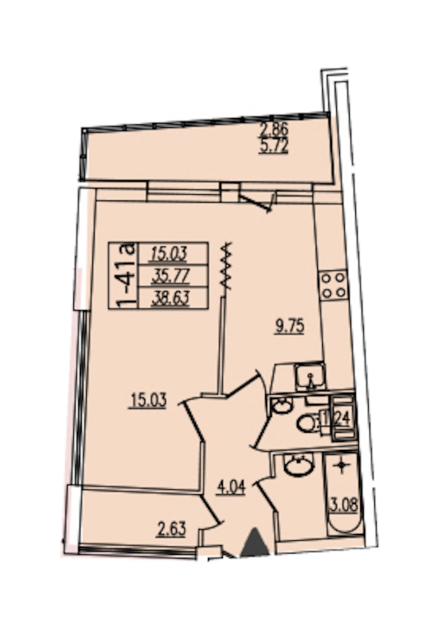 1-комнатная квартира 38.63 м², 4/25 эт., ЖК «Байрон»