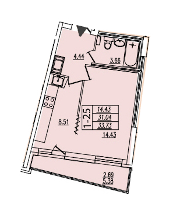 1-комнатная квартира 33.73 м², 5/22 эт., ЖК «Байрон»