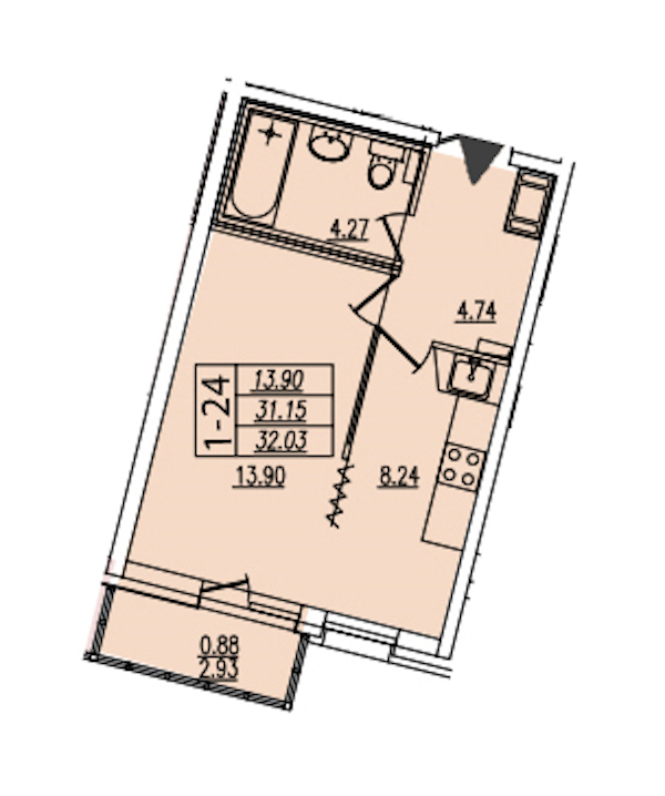 1-комнатная квартира 32.03 м², 4/22 эт., ЖК «Байрон»