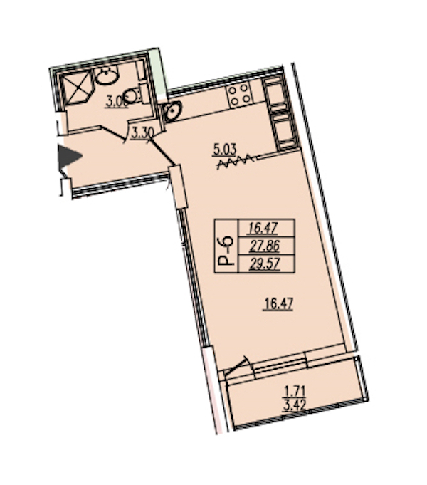 Квартира студия 29.57 м², 5/25 эт., ЖК «Байрон»