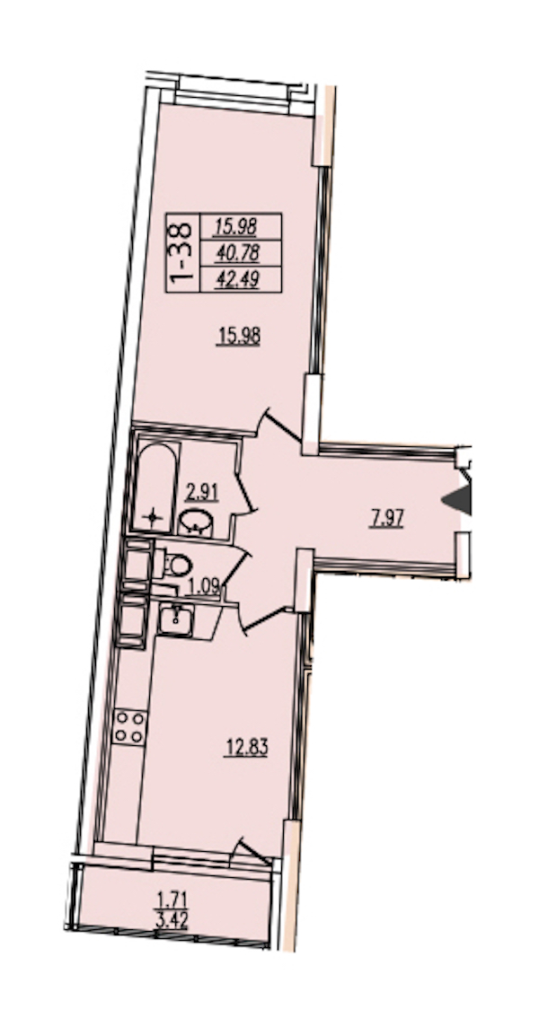 1-комнатная квартира 42.49 м², 21/25 эт., ЖК «Байрон»