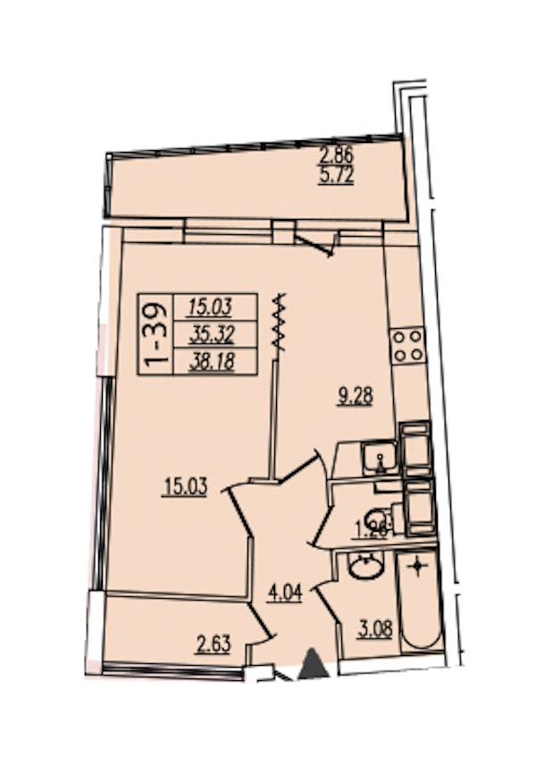 1-комнатная квартира 38.18 м², 21/25 эт., ЖК «Байрон»